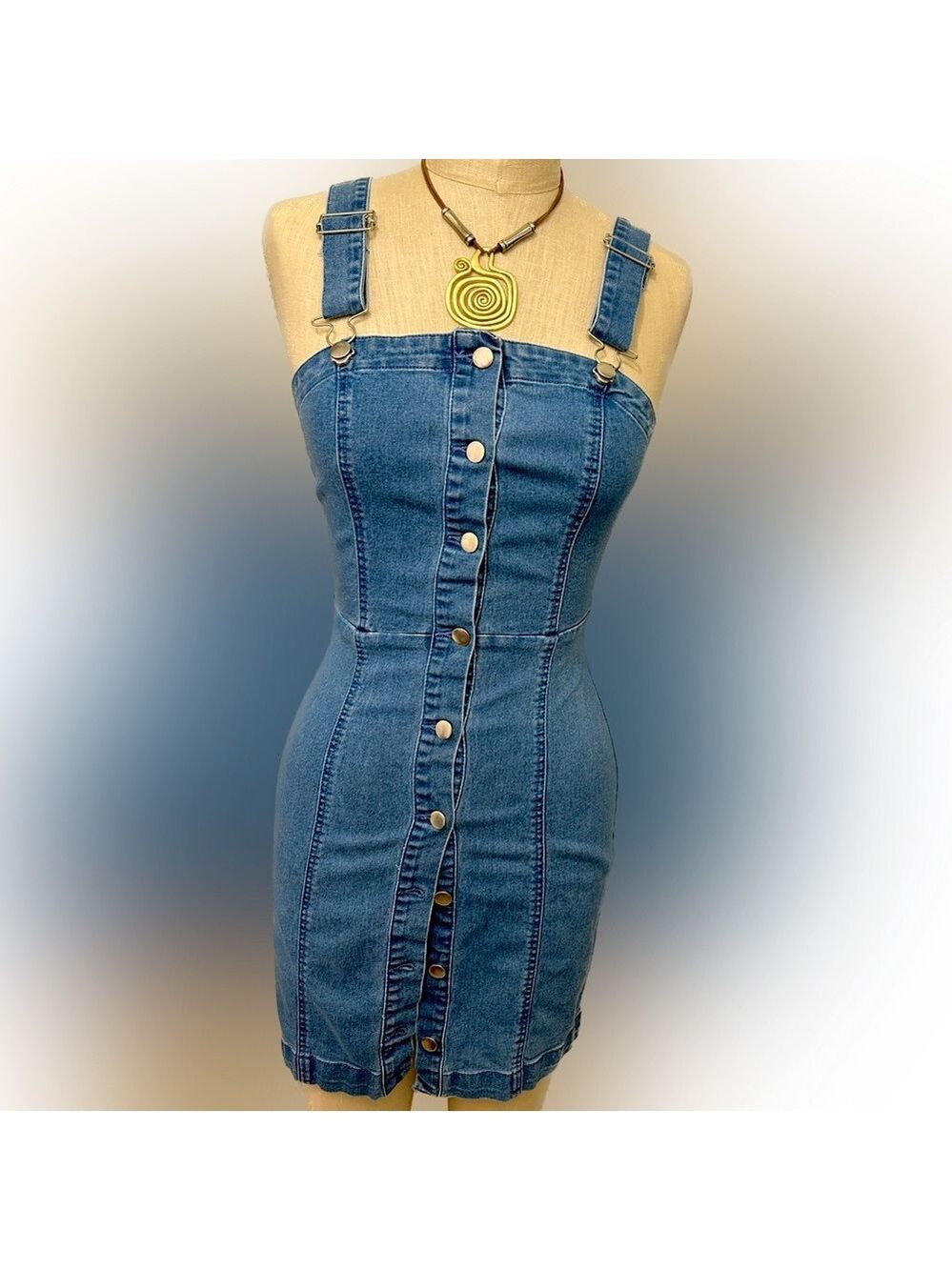STRETCHY denim button up, overall dress - Picture 2 of 4